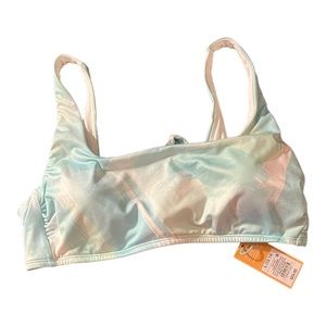 Kona Sol Blue/White Tie Back Scoop Neck Bralette Bikini Top Sz L NWT